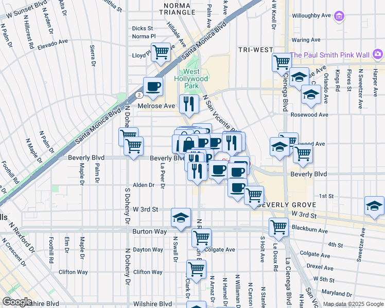 map of restaurants, bars, coffee shops, grocery stores, and more near 8816 Beverly Boulevard in West Hollywood