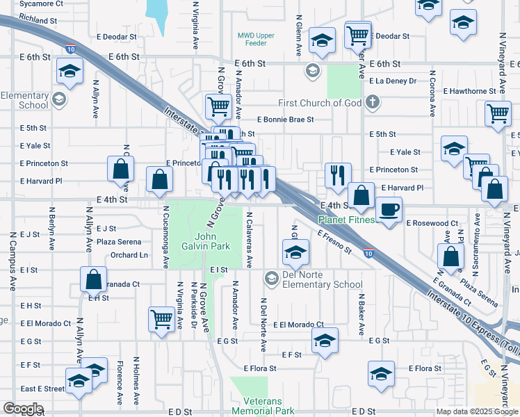 map of restaurants, bars, coffee shops, grocery stores, and more near 1055 North Del Norte Avenue in Ontario