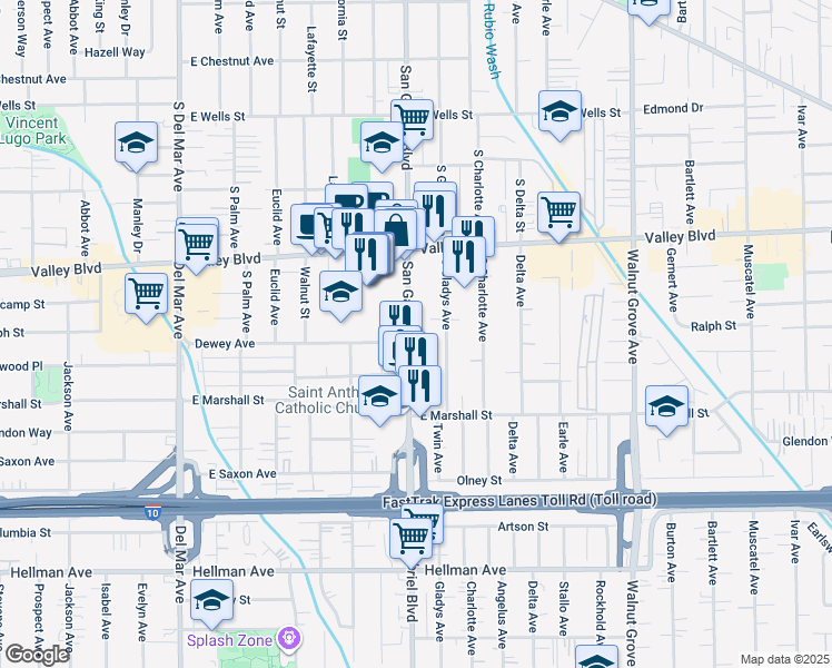 map of restaurants, bars, coffee shops, grocery stores, and more near 1806 South San Gabriel Boulevard in San Gabriel