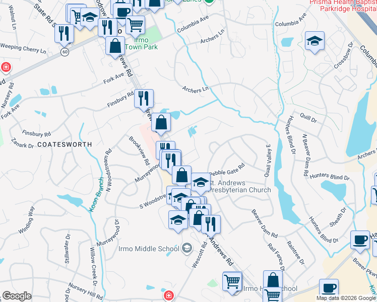 map of restaurants, bars, coffee shops, grocery stores, and more near 7036 Saint Andrews Road in Columbia