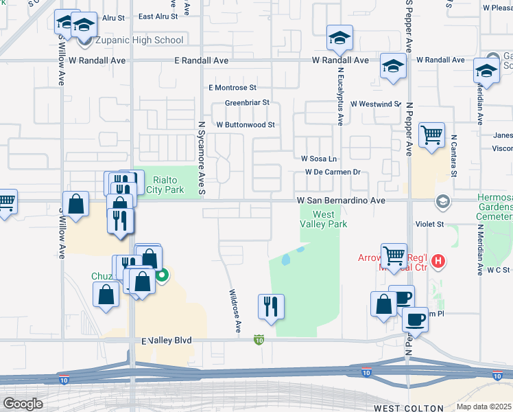 map of restaurants, bars, coffee shops, grocery stores, and more near 2038 Mesquite Lane in Colton