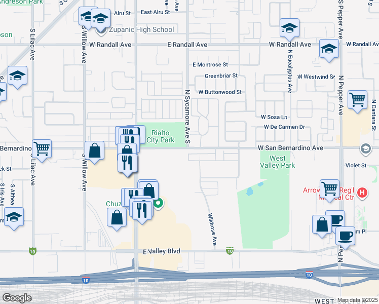map of restaurants, bars, coffee shops, grocery stores, and more near Juniper Lane in Colton