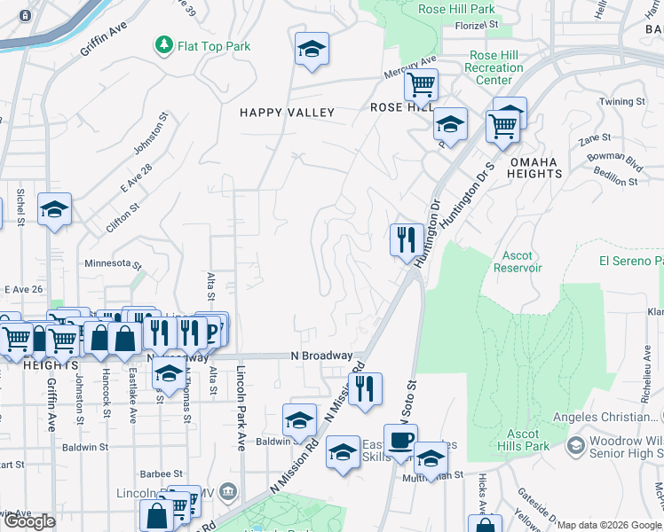 map of restaurants, bars, coffee shops, grocery stores, and more near 2605 Forest Park Drive in Los Angeles