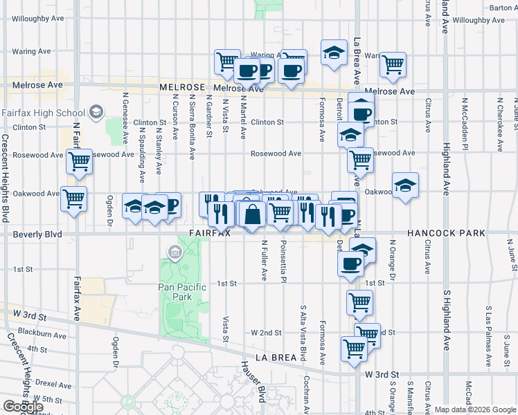 map of restaurants, bars, coffee shops, grocery stores, and more near 341 North Fuller Avenue in Los Angeles