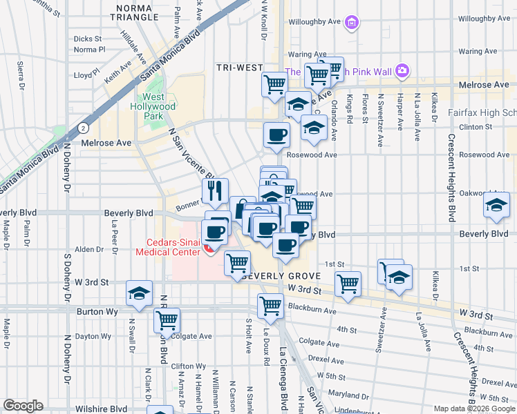 map of restaurants, bars, coffee shops, grocery stores, and more near 329 Westbourne Drive in West Hollywood