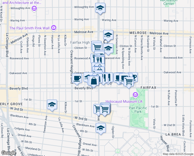 map of restaurants, bars, coffee shops, grocery stores, and more near 330 North Hayworth Avenue in Los Angeles