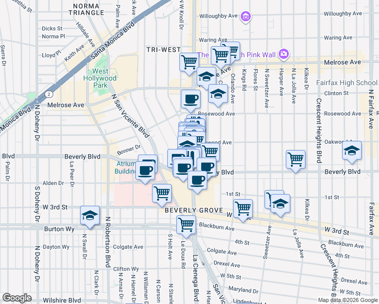 map of restaurants, bars, coffee shops, grocery stores, and more near 325 North La Cienega Boulevard in West Hollywood