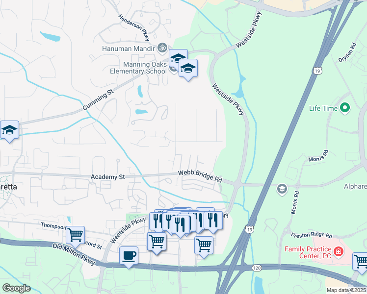 map of restaurants, bars, coffee shops, grocery stores, and more near 605 Wedgewood Drive in Alpharetta