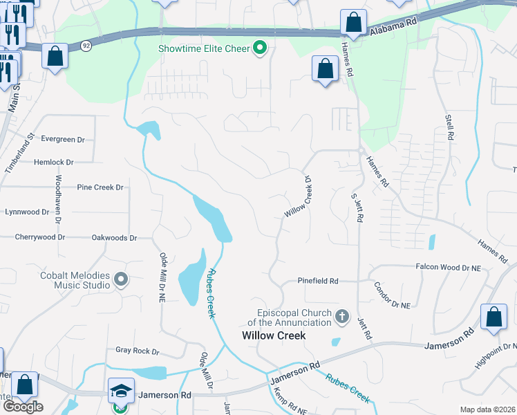 map of restaurants, bars, coffee shops, grocery stores, and more near 1635 Pine Creek Way in Woodstock