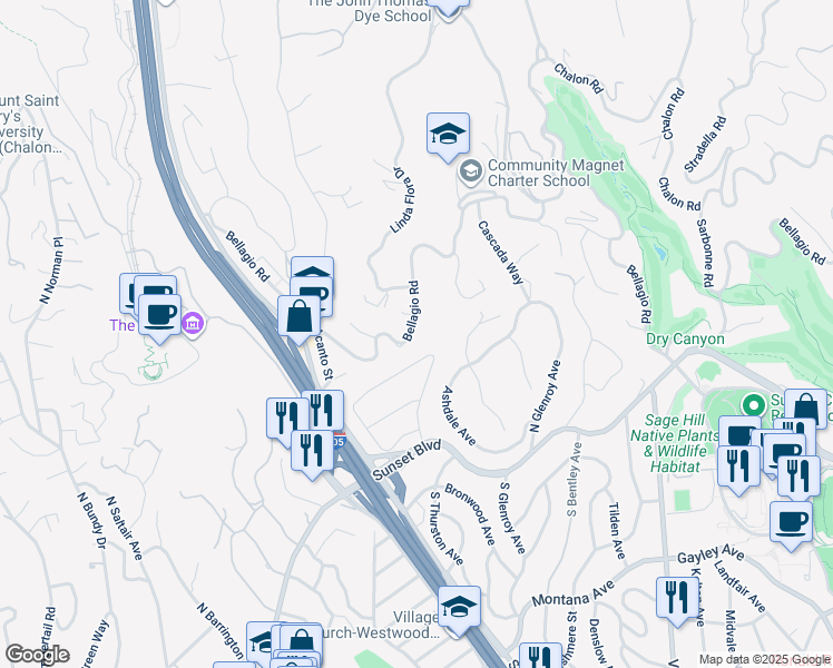 map of restaurants, bars, coffee shops, grocery stores, and more near 11556 Bellagio Road in Los Angeles