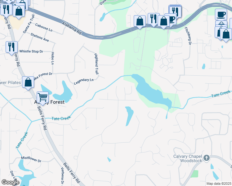 map of restaurants, bars, coffee shops, grocery stores, and more near John Tate Road in Cherokee County