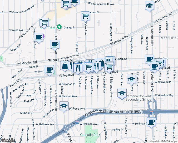 map of restaurants, bars, coffee shops, grocery stores, and more near 2020 West Valley Boulevard in Alhambra