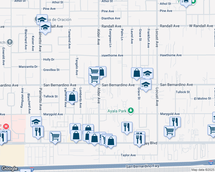 map of restaurants, bars, coffee shops, grocery stores, and more near 17761 San Bernardino Avenue in Fontana