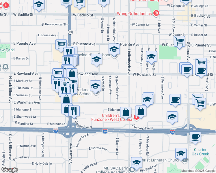 map of restaurants, bars, coffee shops, grocery stores, and more near 710 Eastbury Avenue in Covina