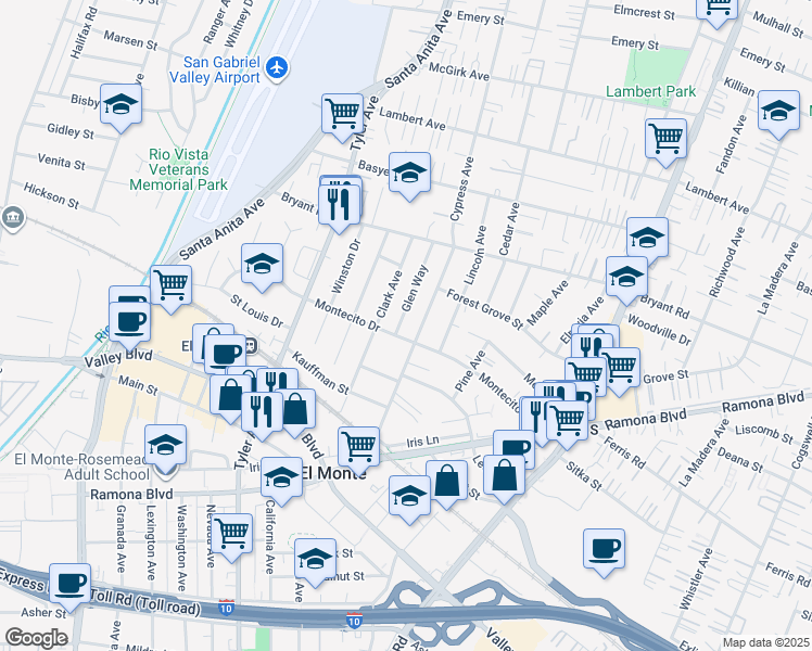 map of restaurants, bars, coffee shops, grocery stores, and more near 3805 Cypress Avenue in El Monte