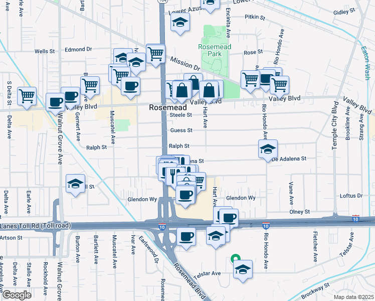 map of restaurants, bars, coffee shops, grocery stores, and more near 9061 De Adalena Street in Rosemead