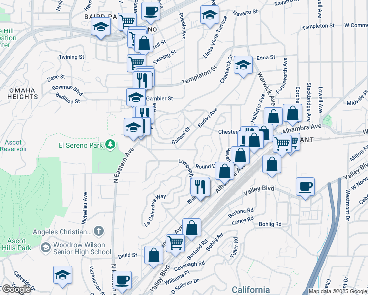 map of restaurants, bars, coffee shops, grocery stores, and more near 5010 Budau Place in Los Angeles