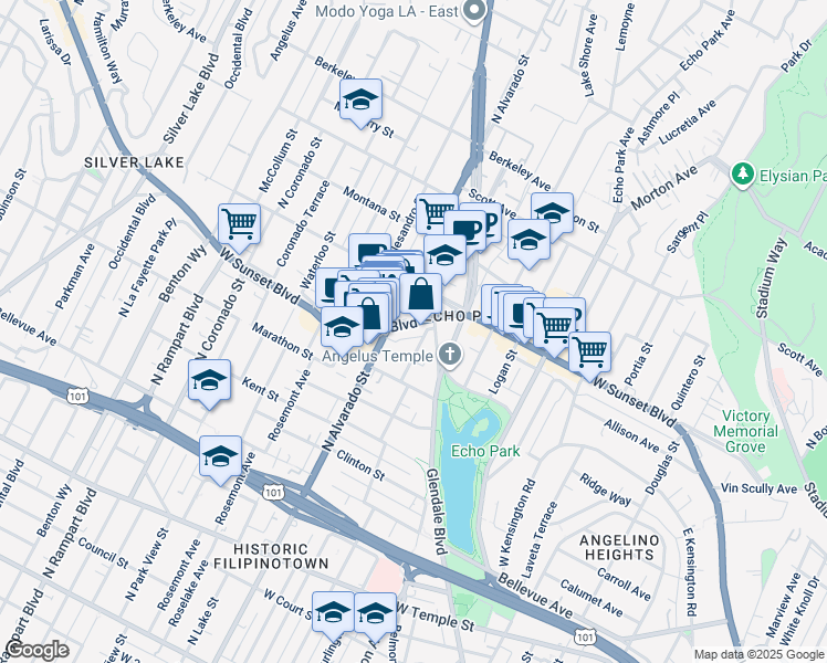 map of restaurants, bars, coffee shops, grocery stores, and more near 2006 Sunset Boulevard in Los Angeles