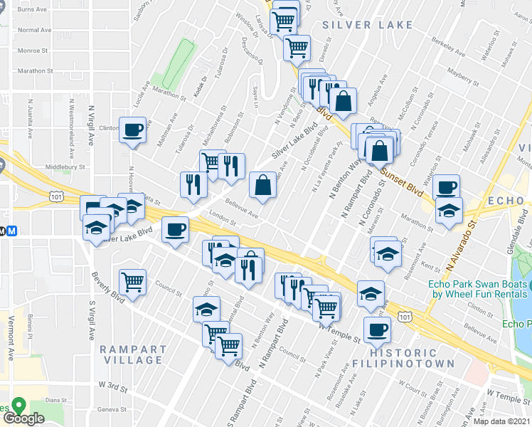 map of restaurants, bars, coffee shops, grocery stores, and more near 446 Parkman Avenue in Los Angeles