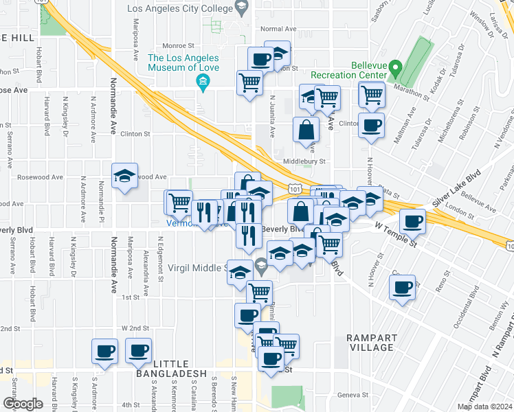 map of restaurants, bars, coffee shops, grocery stores, and more near in Los Angeles
