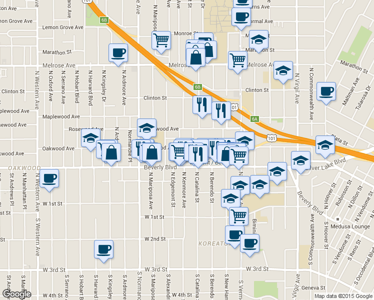 map of restaurants, bars, coffee shops, grocery stores, and more near in Los Angeles