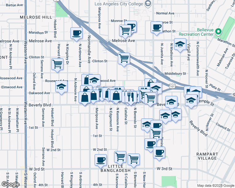 map of restaurants, bars, coffee shops, grocery stores, and more near in Los Angeles