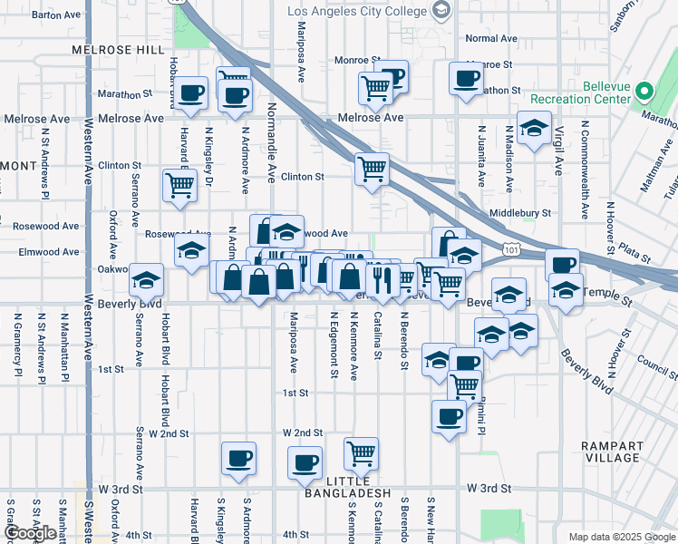 map of restaurants, bars, coffee shops, grocery stores, and more near 321 North Kenmore Avenue in Los Angeles