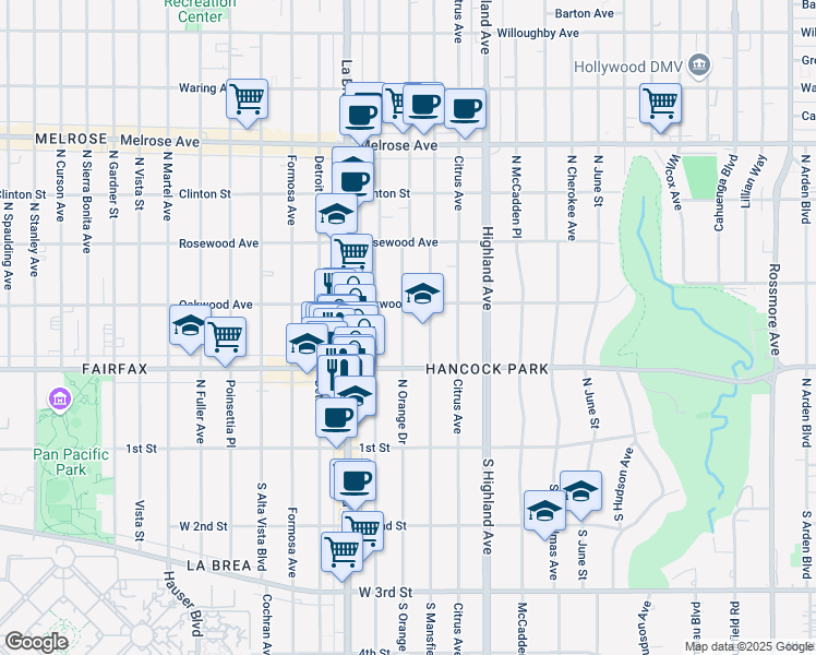 map of restaurants, bars, coffee shops, grocery stores, and more near 325 North Mansfield Avenue in Los Angeles