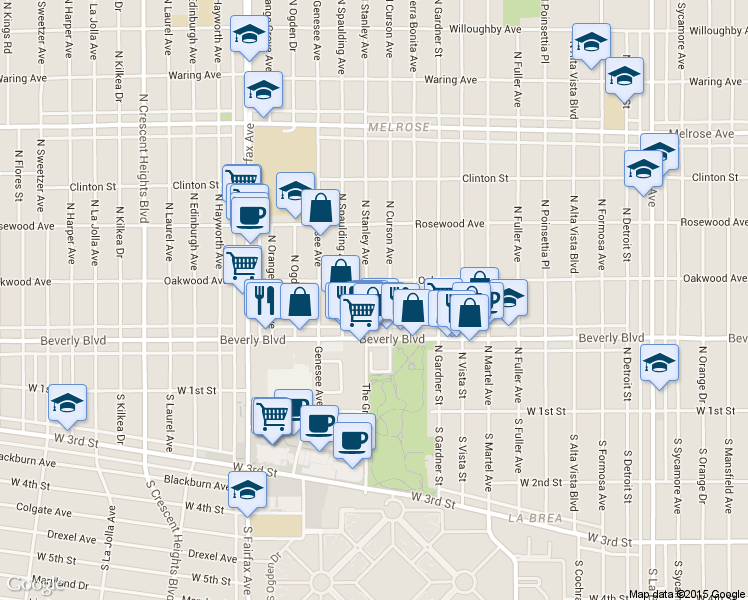 map of restaurants, bars, coffee shops, grocery stores, and more near 326 North Stanley Avenue in Los Angeles