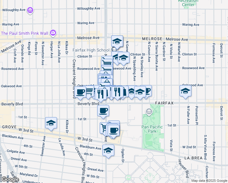 map of restaurants, bars, coffee shops, grocery stores, and more near 331 1/2 North Orange Grove Avenue in Los Angeles