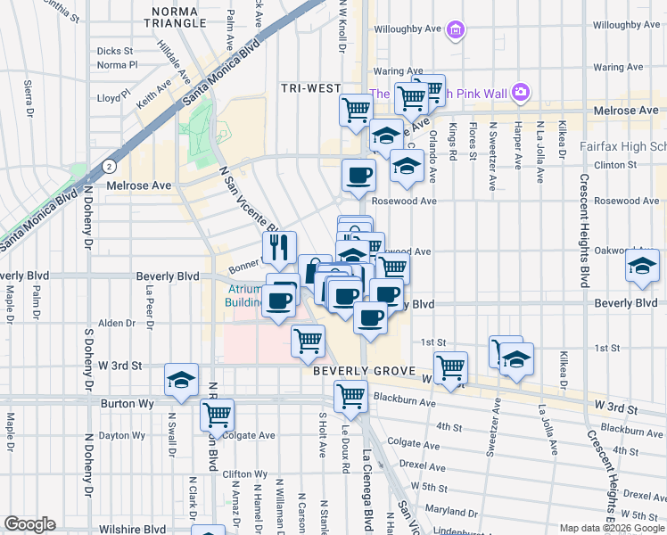 map of restaurants, bars, coffee shops, grocery stores, and more near 310 Huntley Drive in Los Angeles