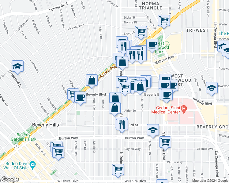 map of restaurants, bars, coffee shops, grocery stores, and more near 9134 Beverly Boulevard in Beverly Hills