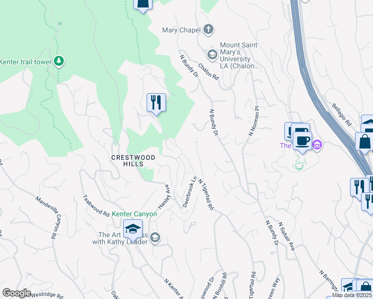 map of restaurants, bars, coffee shops, grocery stores, and more near 968 Stonehill Lane in Los Angeles
