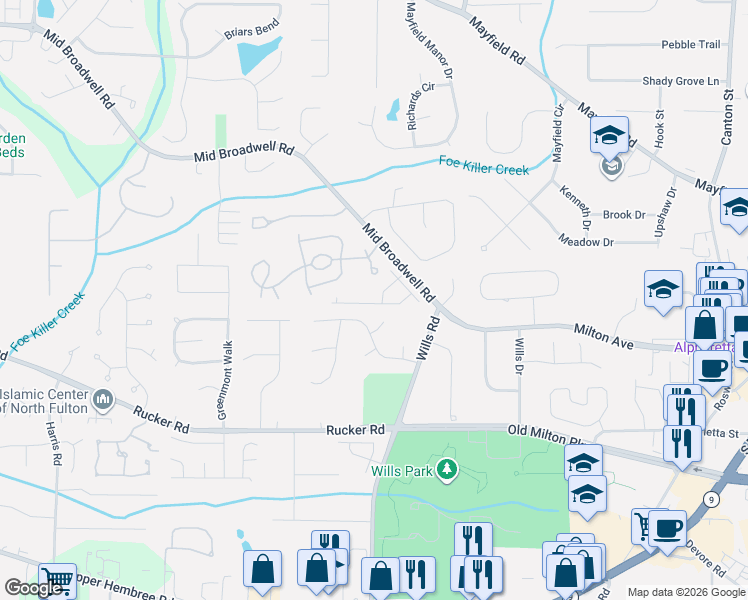 map of restaurants, bars, coffee shops, grocery stores, and more near 5285 Hunters Oaks Drive in Alpharetta