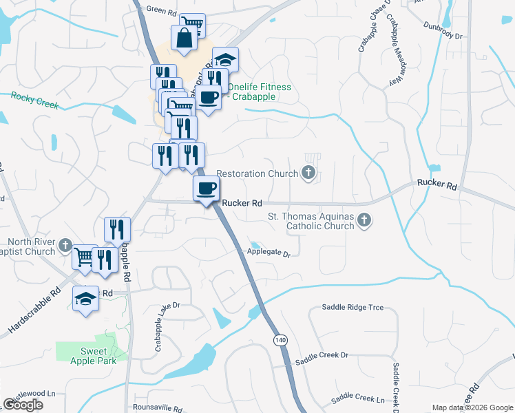 map of restaurants, bars, coffee shops, grocery stores, and more near 365 Rucker Road in Alpharetta