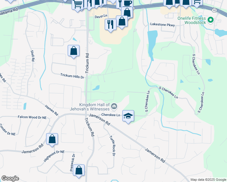 map of restaurants, bars, coffee shops, grocery stores, and more near 461 Maypop Lane in Woodstock