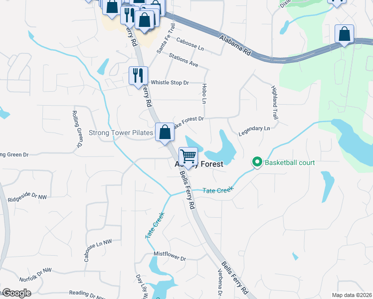 map of restaurants, bars, coffee shops, grocery stores, and more near 5070 Ashley Place in Acworth