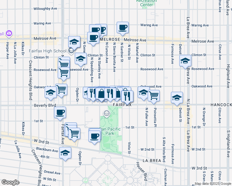 map of restaurants, bars, coffee shops, grocery stores, and more near 348 North Sierra Bonita Avenue in Los Angeles