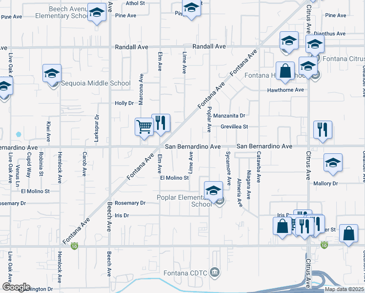 map of restaurants, bars, coffee shops, grocery stores, and more near San Bernardino Avenue in Fontana