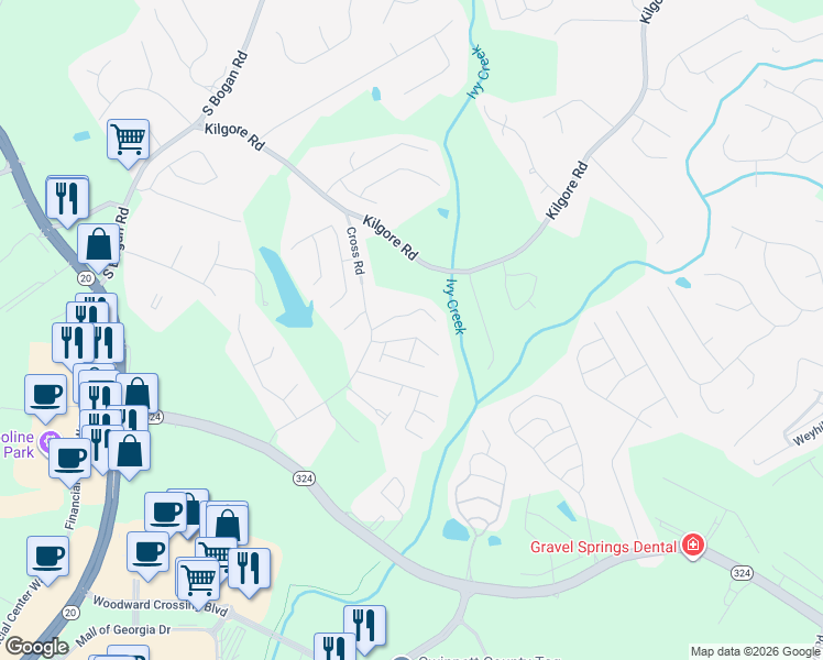 map of restaurants, bars, coffee shops, grocery stores, and more near 2165 Copper Trail Lane Northeast in Buford