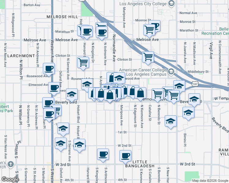 map of restaurants, bars, coffee shops, grocery stores, and more near 323 North Normandie Avenue in Los Angeles