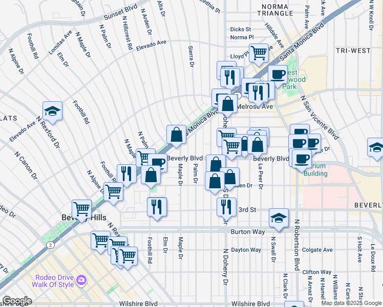 map of restaurants, bars, coffee shops, grocery stores, and more near 425 North Palm Drive in Beverly Hills