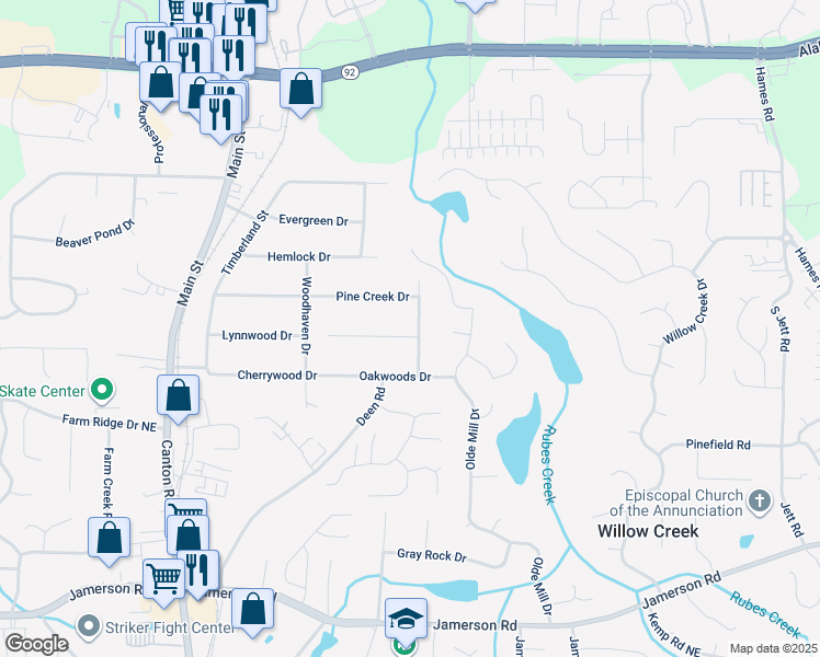 map of restaurants, bars, coffee shops, grocery stores, and more near 5185 Twin Oak Drive Northeast in Woodstock