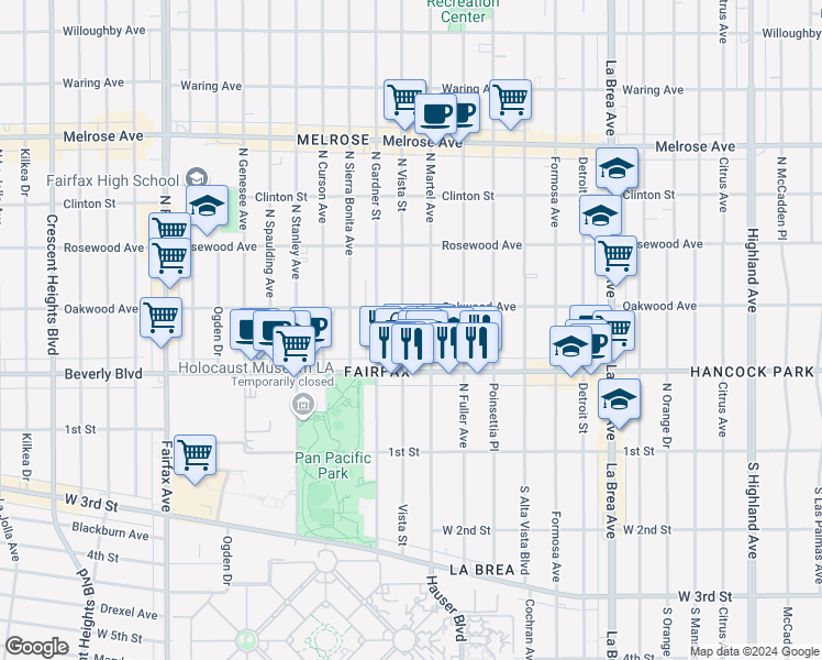 map of restaurants, bars, coffee shops, grocery stores, and more near 344 North Vista Street in Los Angeles