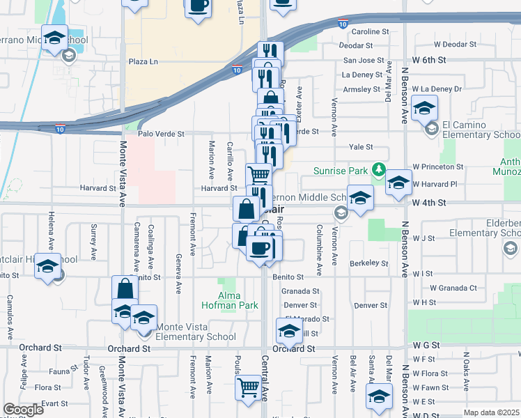 map of restaurants, bars, coffee shops, grocery stores, and more near 11000 Kimberly Avenue in Montclair