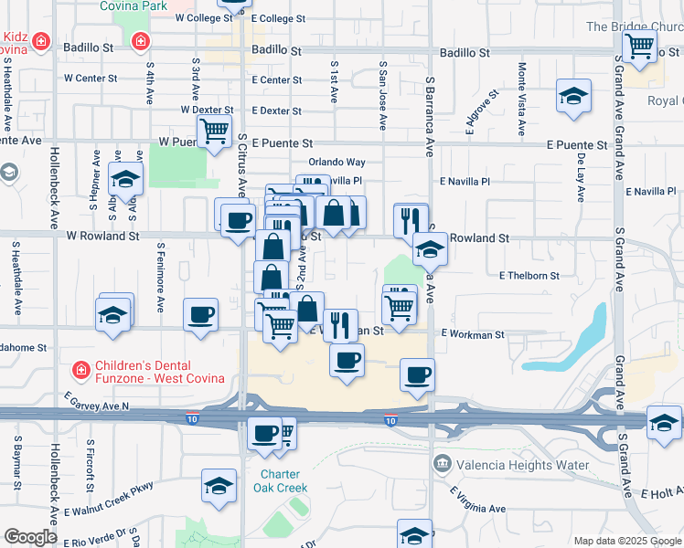 map of restaurants, bars, coffee shops, grocery stores, and more near 681 South 1st Avenue in Covina