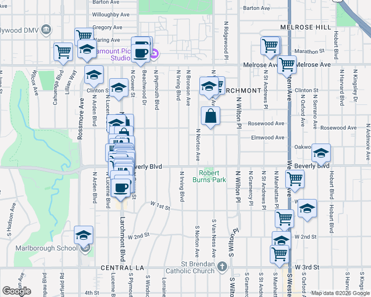map of restaurants, bars, coffee shops, grocery stores, and more near 322 North Irving Boulevard in Los Angeles