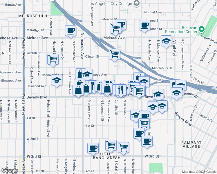 map of restaurants, bars, coffee shops, grocery stores, and more near 4114 Oakwood Avenue in Los Angeles