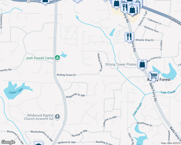 map of restaurants, bars, coffee shops, grocery stores, and more near 1154 Rolling Green Drive in Acworth