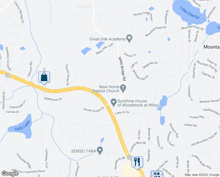 map of restaurants, bars, coffee shops, grocery stores, and more near 216 Parc View Lane in Woodstock
